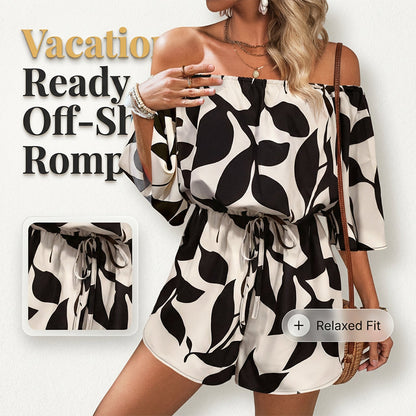 💃 Wochenangebot: 50% sparen! Französischer Off-Shoulder Shorts Jumpsuit – Abstraktes Blattmuster & Kordelzug – Perfekt für entspannte Sommertage
