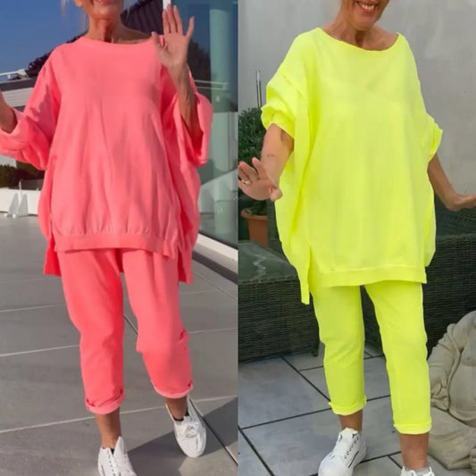Rundhalsausschnitt Schlitz Fluoreszierende Farbe Freizeitanzug für Frauen