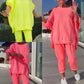 Rundhalsausschnitt Schlitz Fluoreszierende Farbe Freizeitanzug für Frauen