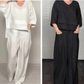 💎 2-teiliges Set aus Baumwoll-Leinen mit unregelmäßigem Saum – V-Ausschnitt-Oberteil + Weitbein-Hose, atmungsaktiv & mühelos stilvoll 🍂👚