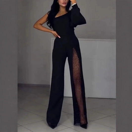 🎆Neujahrs-Vorverkauf🎁Ausgestellter One-Shoulder-Jumpsuit aus glitzerndem Mesh für Damen