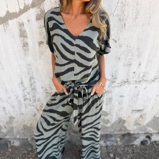 ✨ Zweiteiliges Set aus Oberteil und Hose mit V-Ausschnitt und Zebra-Print für Damen