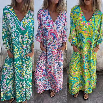 🌟🏖️Neu für den Frühling🌹👉Bohemian Maxikleid mit V-Ausschnitt und abstraktem Print für Damen👗🦋