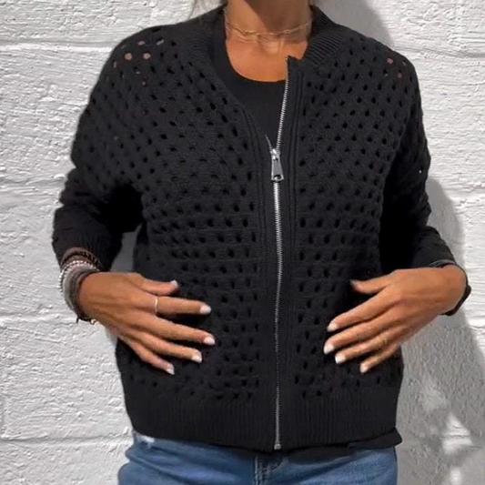 Lässige Damen Strickjacke mit Reißverschluss und hohlem Design