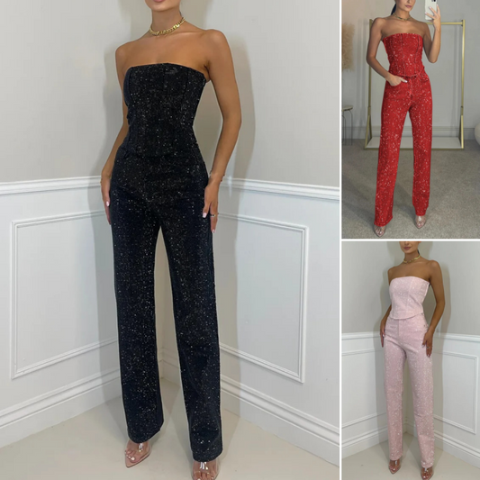 2-teiliges Set aus Glitzeroberteil und -hose für Damen
