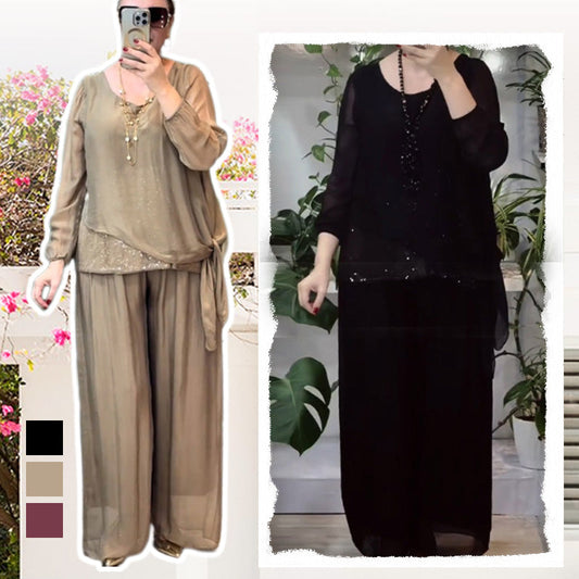 2-teiliges Set aus Paillettenbluse und weit geschnittener Hose für Damen
