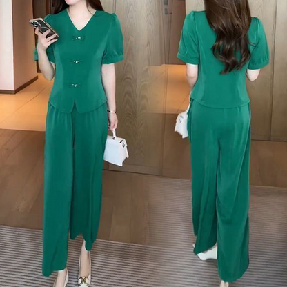 💥Kurzärmeliges Oberteil mit V-Ausschnitt und passende Hose mit weitem Bein - 2-teiliges Set für Frauen