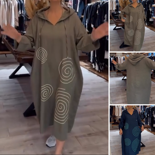 Damen Kleid mit V-Ausschnitt und Kapuze in lockerem Schnitt