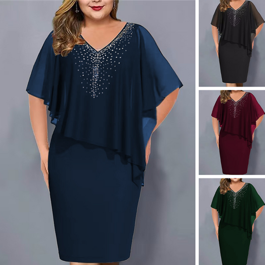Rhinestone V-Neck Cape Dress with Chiffon Overlay
