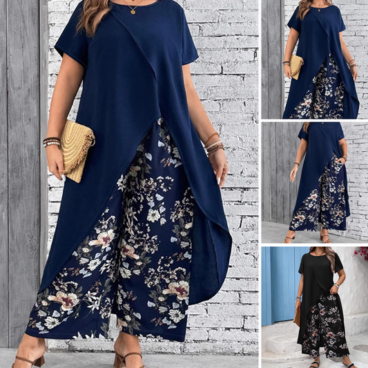 Zweiteiler für Damen: Unifarbenes Oberteil & gemusterte Hose