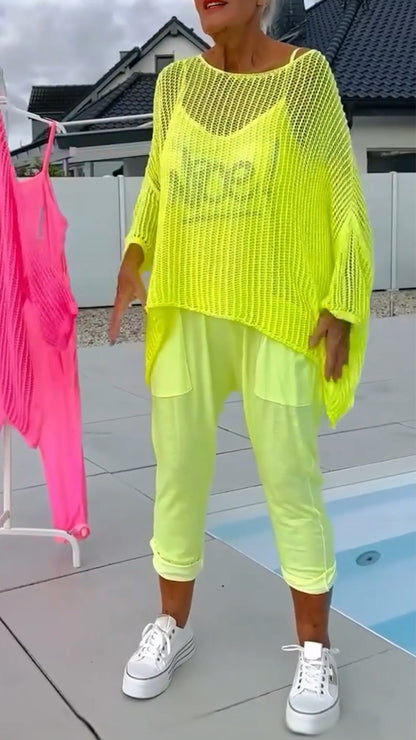 Damen Jumpsuit mit Hosenträgern und Buchstaben-Print + hohler Kittel-Freizeitanzug