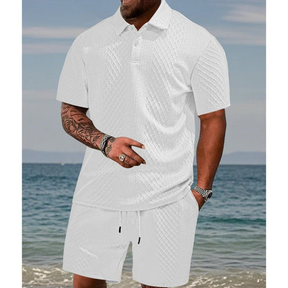 👑🔥Herren-Zweiteiler mit Rautenstruktur: Kurzarmhemd mit Kragen & Shorts mit Kordelzug