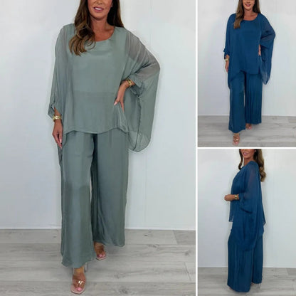 Elegantes lässiges Chiffon-Oberteil und weite Hosen für Damen