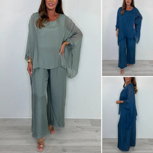 Elegantes lässiges Chiffon-Oberteil und weite Hosen für Damen