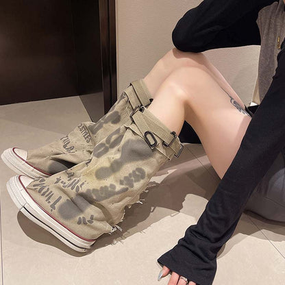 💗LETZTER TAG AKTION - 76% RABATT💗Flache Retro-Stiefel aus Canvas mit mittlerem Schaft für Damen