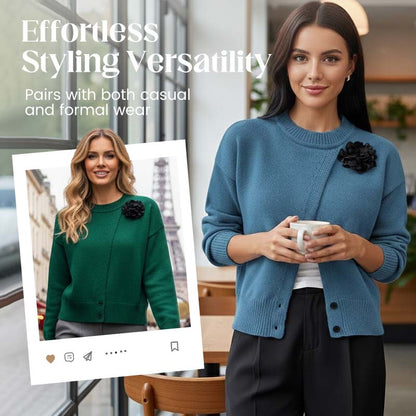 Eleganter Damen-Wickelpullover mit Knopfleiste und Blumenverzierung