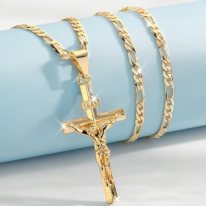 ✨ Goldkette mit Kreuzanhänger – Detailliertes INRI-Motiv, verstellbare Figaro-Kette & glänzendes Finish 💛