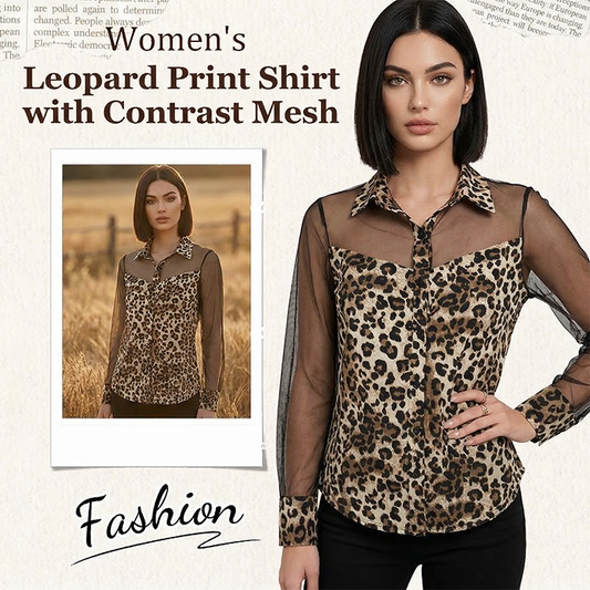 Damenhemd mit Leopardenmuster und kontrastierendem Mesh