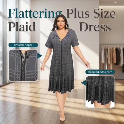 Kurzärmeliges Damenkleid mit Reißverschluss vorne und plissiertem Saum