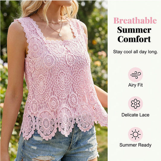 🤍Damen Elegantes Spitzen-Trägertop mit eckigem Ausschnitt 🎀 Schmalträger Top mit Karo-Ausschnitt