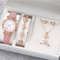 5-teiliges Quarz-Uhren- und Schmuckset für Damen – elegante Abenduhr mit Blumenmuster, passendem Armband, Halskette, Ohrringen und Ring – ideal zum Geburtstag, zum Jahrestag und zum Muttertag